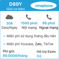  Sim 4G Vinaphone D89Y 3GB/Ngày - Gói cơ bản 